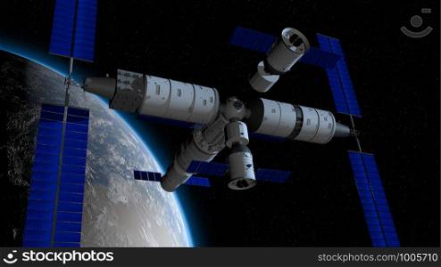 Shenzhou manned space vessel in the direction of coupling to the TIANHE core module in TIANGONG 3 - Chinese space station with the planet Earth behind on black space with stars background. 3D Illustration. Shenzhou manned space vessel in the direction of coupling to the TIANGONG 3 - Chinese space station with the planet Earth behind on black space with stars background. 3D Illustration