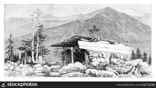 Shepherd's Hut in the Tatra Mountains, Poland, drawing by G. Vuillier from a photograph, vintage engraved illustration. Le Tour du Monde, Travel Journal, 1881