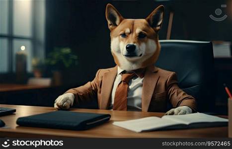 Shiba inu Dog in a businessman suit sits diligently at an office desk, exuding professionalism. Comical quirky corporate ambiance. Created with generative AI tools. Shiba inu Dog in a businessman suit sits diligently at an office desk, exuding professionalism. Created by AI