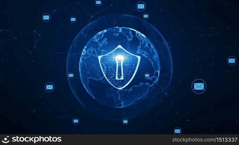 Shield and email icon on secure global network , Cyber security concept. Earth element furnished by Nasa