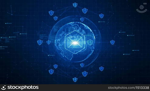 Shield and email icon on secure global network , Cyber security concept. Earth element furnished by Nasa