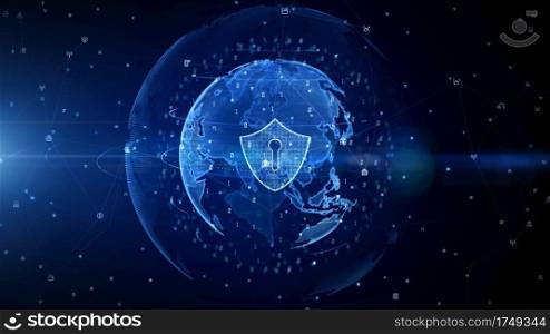 Shield Icon of Cyber Security Digital Data, Digital Data Network Protection, Global Network 5g High-Speed Internet Connection and Big Data Analysis Future Background Concept.3d Rendering