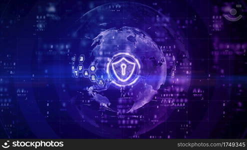 Shield Icon of Cyber Security Digital Data, Digital Data Network Protection, Global Network 5g High-Speed Internet Connection and Big Data Analysis Future Background Concept. 3d rendering