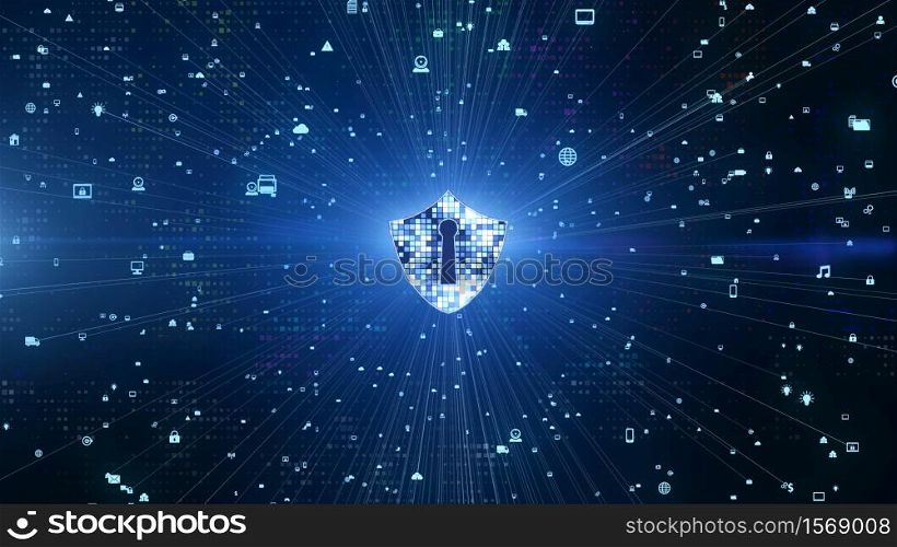 Shield Icon on Secure Global Network, Cyber security and information network protection, Future technology network for business and internet marketing concept