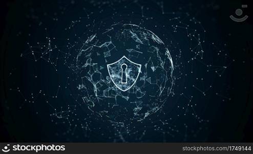 Shield icon on secure global network, Cyber security and information network protection, Future technology network for business and internet marketing, Digital abstract background.