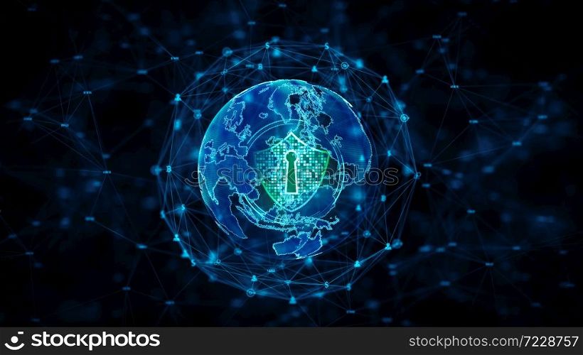 Shield Icon on Secure Global Network, Cyber security and information network protection, Future technology network for business and internet marketing concept. Earth element by Nasa