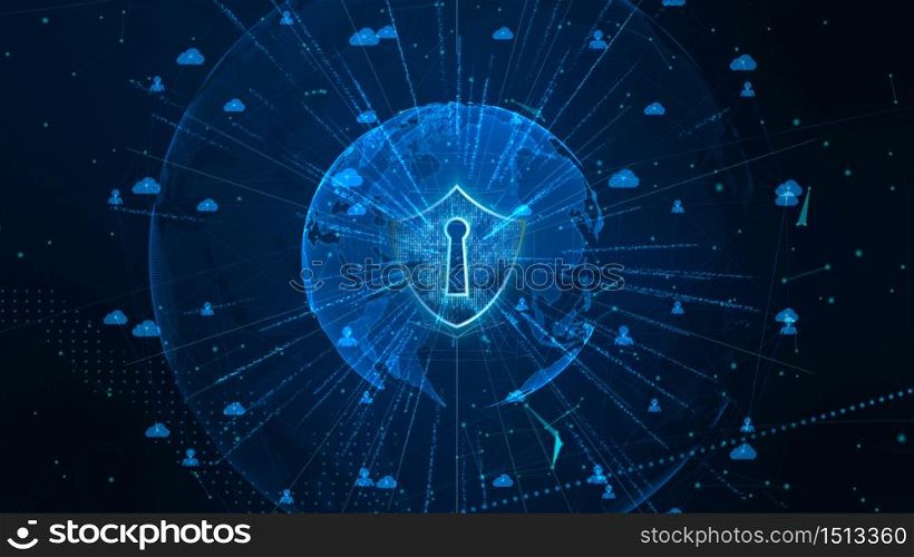 Shield Icon on Secure Global Network , Cyber Security and Protection of personal data concept. Earth element furnished by Nasa