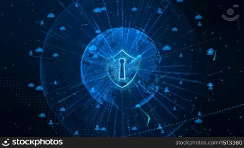 Shield Icon on Secure Global Network , Cyber Security and Protection of personal data concept. Earth element furnished by Nasa