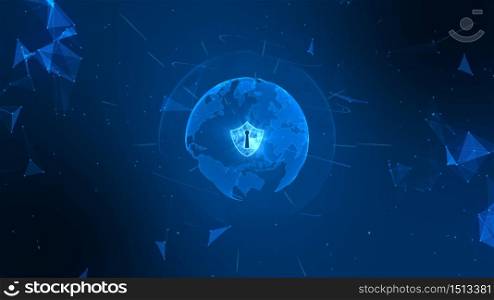 Shield icon on secure global network , Cyber security concept. Earth element furnished by Nasa