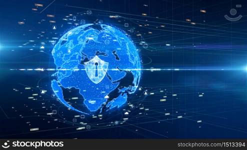 Shield icon on secure global network , Digital Data Network Connected, Cyber security concept. Earth element furnished by Nasa