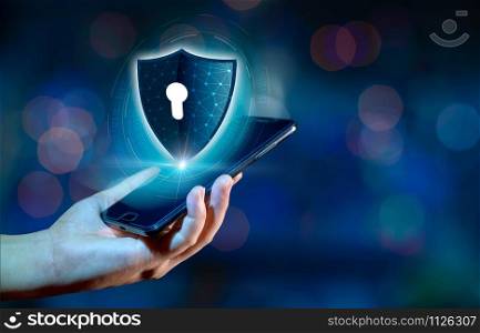 Shield Internet phone Smartphone is protected from hacker attacks, Firewall Businesspeople press the protected phone on the internet. space put message