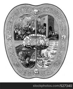 Shield is believed belonged to Charles V, vintage engraved illustration. Magasin Pittoresque 1847.