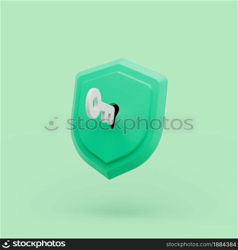 Shield protected icon with key simple 3d illustration on pastel abstract background. minimal concept. 3d rendering. Shield protected icon with key simple 3d illustration on pastel abstract background. 3d rendering