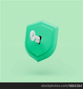 Shield protected icon with key simple 3d illustration on pastel abstract background. minimal concept. 3d rendering. Shield protected icon with key simple 3d illustration on pastel abstract background. 3d rendering