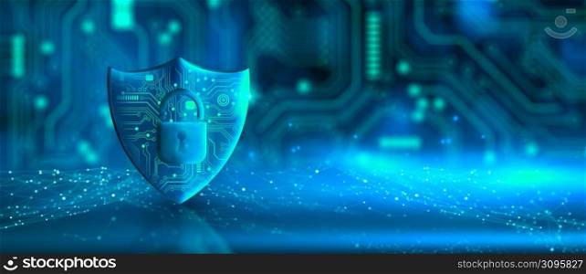 Shield with Padlock icon on Circuit board and Network wireframe with binary code over blue background abstract. Cyber attack block, Cyber data, and Information privacy Concept. 3D Rendering.