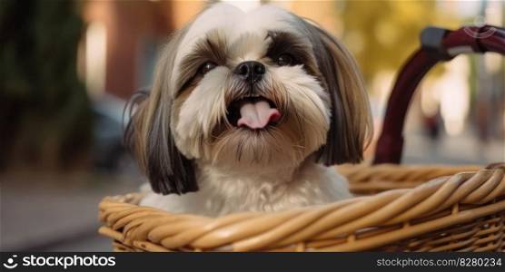 Shih Tzu dog have fun bicycle ride on sunshine day morning in summer on town street