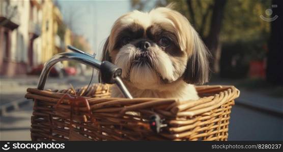 Shih Tzu dog have fun bicycle ride on sunshine day morning in summer on town street