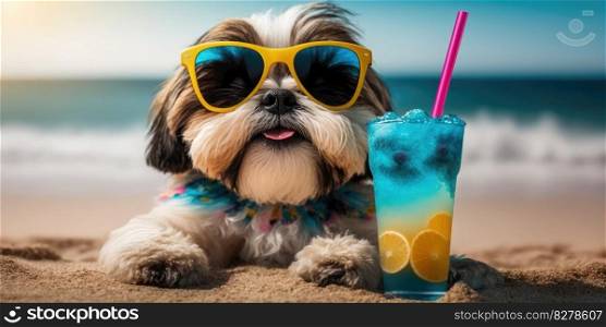 Shih Tzu dog is on summer vacation at seaside resort and relaxing rest on summer beach of Hawaii