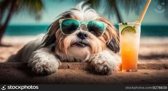 Shih Tzu dog is on summer vacation at seaside resort and relaxing rest on summer beach of Hawaii