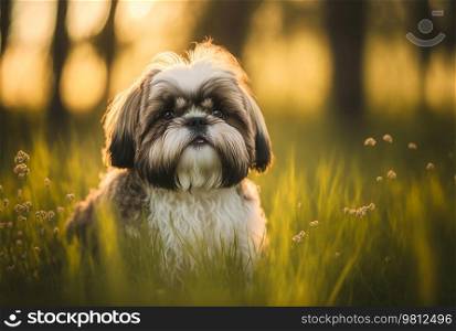Shih Tzu Dog On A natural spring field. Illustration Generative AI