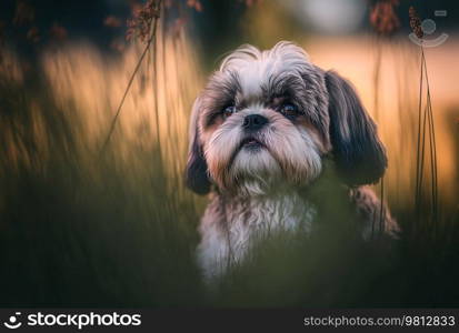 Shih Tzu Dog On A natural spring field. Illustration Generative AI