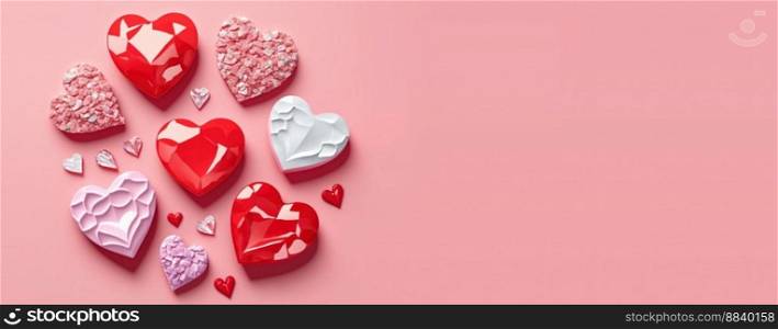 Shimmering 3D Heart Shape, Diamond, and Crystal Design for Valentine&rsquo;s Day Background and Banner