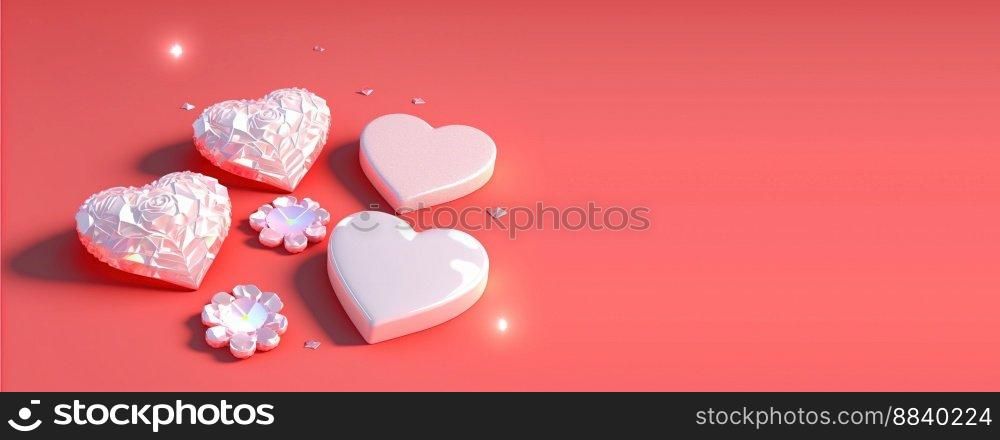 Shimmering 3D Heart Shape, Diamond, and Crystal Design for Valentine&rsquo;s Day Background and Banner
