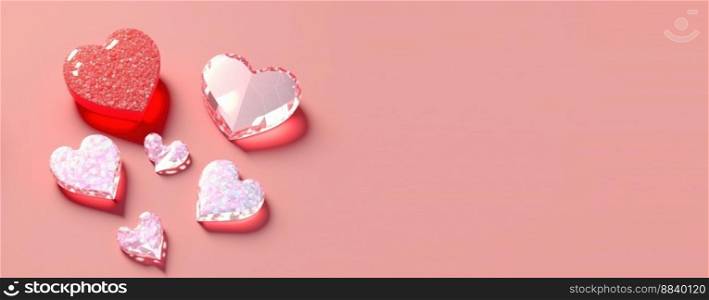 Shimmering 3D Heart Shape, Diamond, and Crystal Design for Valentine’s Day Background and Banner