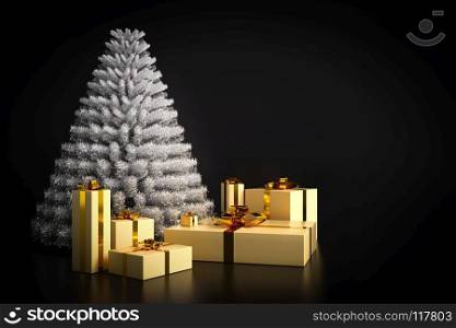 Shining modern Christmas tree and presents on black background. Copy-space for the wishes to the right. 3D illustration. Shining modern Christmas tree and presents on black background.