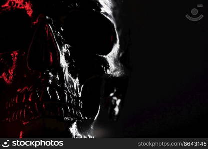 Shining skull head on dark background with neon red light. Halloween celebration, glamour, style concept. fear and horror. Shining skull head on dark background with neon red light. Halloween celebration, glamour, style concept. fear and horror. Copy space.