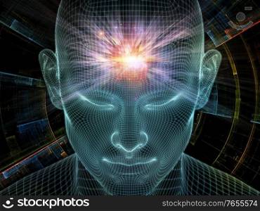 Shining Thought. Lucid Mind series. Interplay of 3D rendering of glowing wire mesh human face related to artificial intelligence, human consciousness and spiritual AI