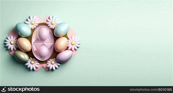 Shiny 3d decorative easter eggs background and banner with flower ornament and copy space