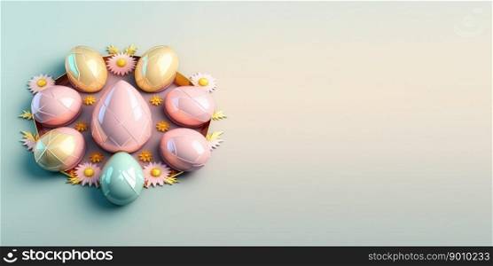 Shiny 3d decorative easter eggs background and banner with small flower ornament and copy space