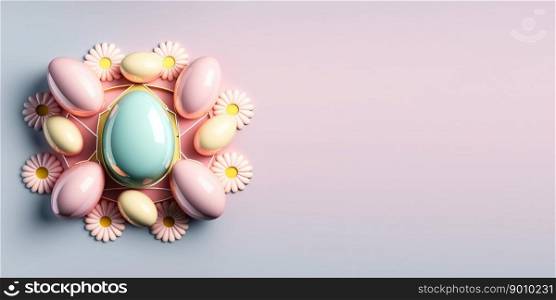 Shiny 3d decorative easter eggs background and banner with small flower ornament and empty space