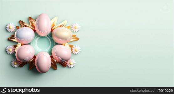 Shiny 3d decorative easter eggs celebration background and banner with small flower ornament and copy space