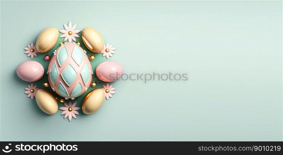 Shiny 3d decorative easter eggs greeting card background and banner with small flower ornament and empty space