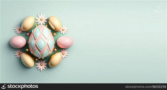 Shiny 3d decorative easter eggs greeting card background and banner with small flower ornament and empty space