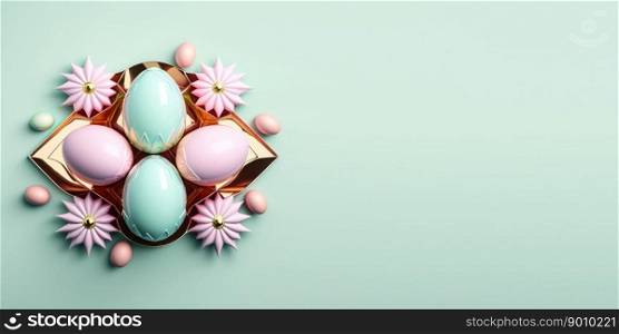 Shiny 3d decorative easter eggs greeting card background and banner with small flower ornament and copy space