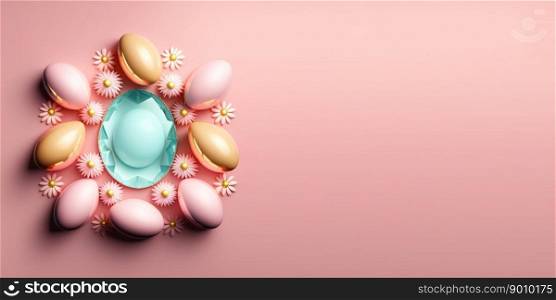 Shiny 3d decorative easter eggs holiday background and banner with flower ornament and empty space
