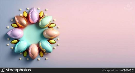 Shiny 3d easter eggs background and banner with flower ornament and copy space