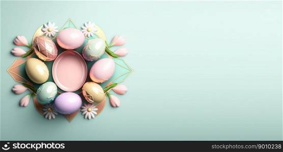 Shiny 3d easter eggs background and banner with small flower ornament and copy space