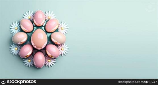 Shiny 3d easter eggs background and banner with small flower ornament and empty space