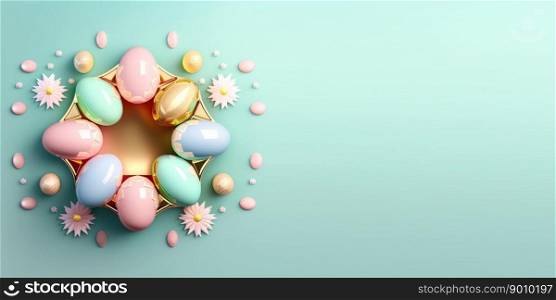 Shiny 3d easter eggs celebration background and banner with flower ornament and copy space