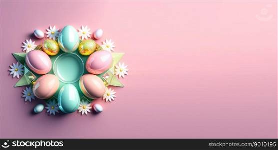 Shiny 3d easter eggs celebration background and banner with flower ornament and empty space