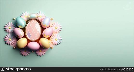 Shiny 3d easter eggs greeting card background and banner with small flower ornament and empty space
