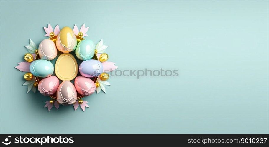 Shiny 3d easter eggs greeting card background and banner with small flower ornament and copy space