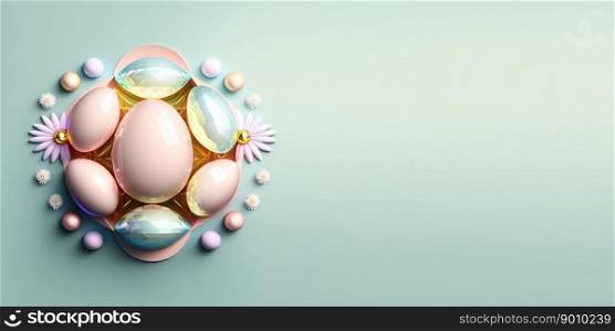 Shiny 3d easter eggs holiday background and banner with small flower ornament and empty space