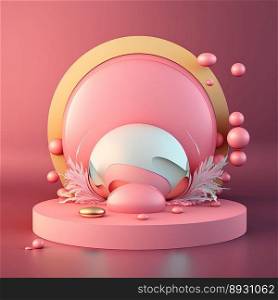 Shiny 3D Pink Podium with Eggs and Flowers Decoration for Easter Celebration Product Display