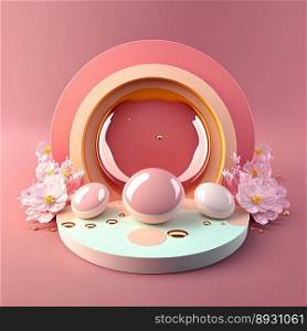 Shiny 3D Pink Podium with Eggs and Flowers Decoration for Easter Celebration Product Presentation