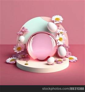 Shiny 3D Pink Podium with Eggs and Flowers Decoration for Easter Day Product Display
